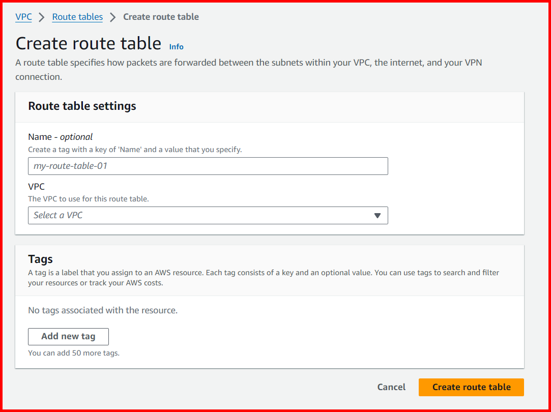 Picture showing the Create route table screen in AWS console